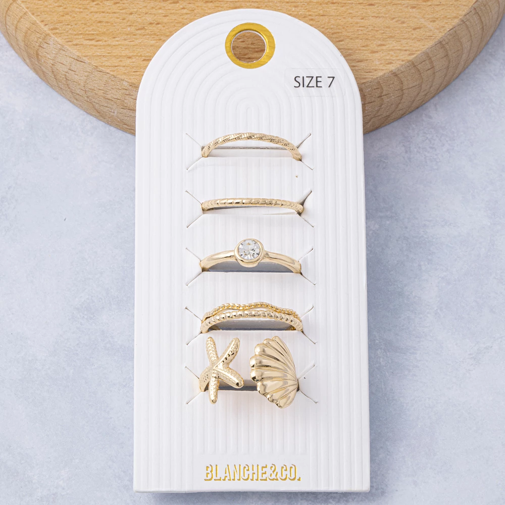 Starfish And Shell Sea Life Five Piece Ring Set