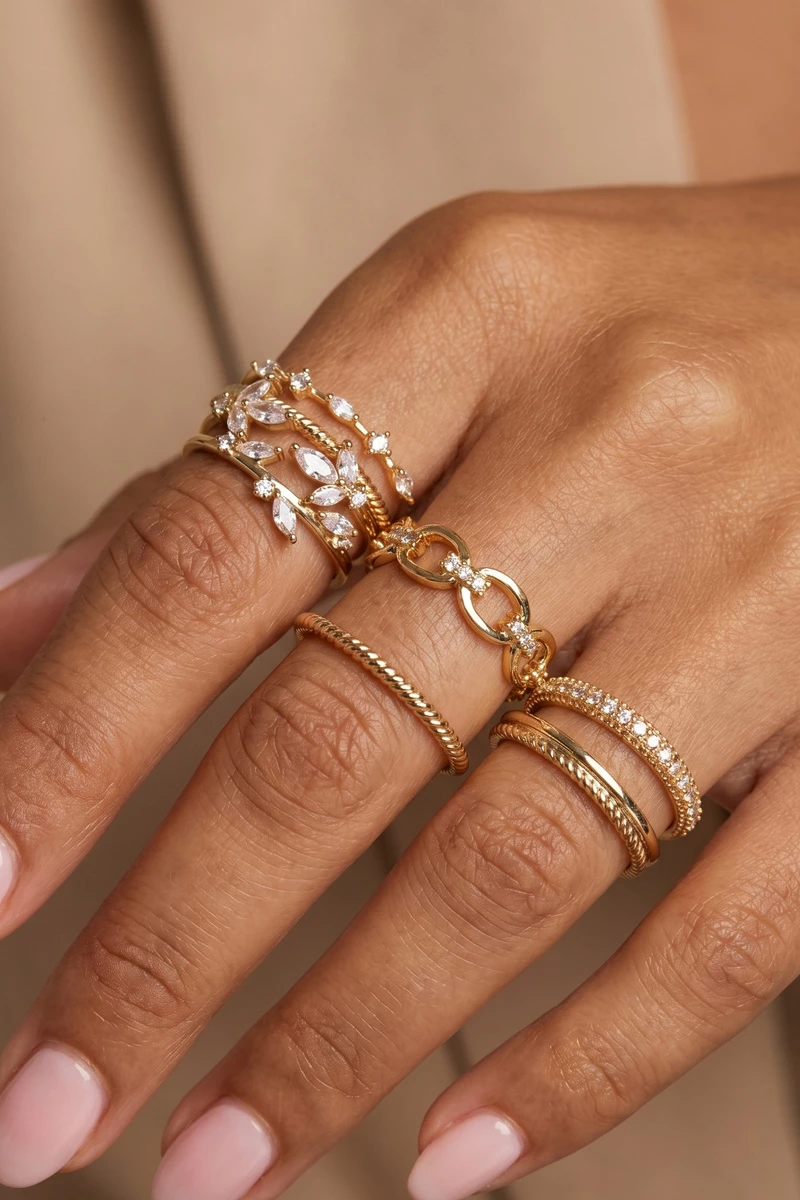 5 Piece Mixed Cz And Chain Stackable Ring Set