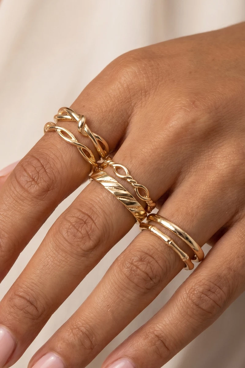 5 Piece Gold Textured Band Ring Stack Set