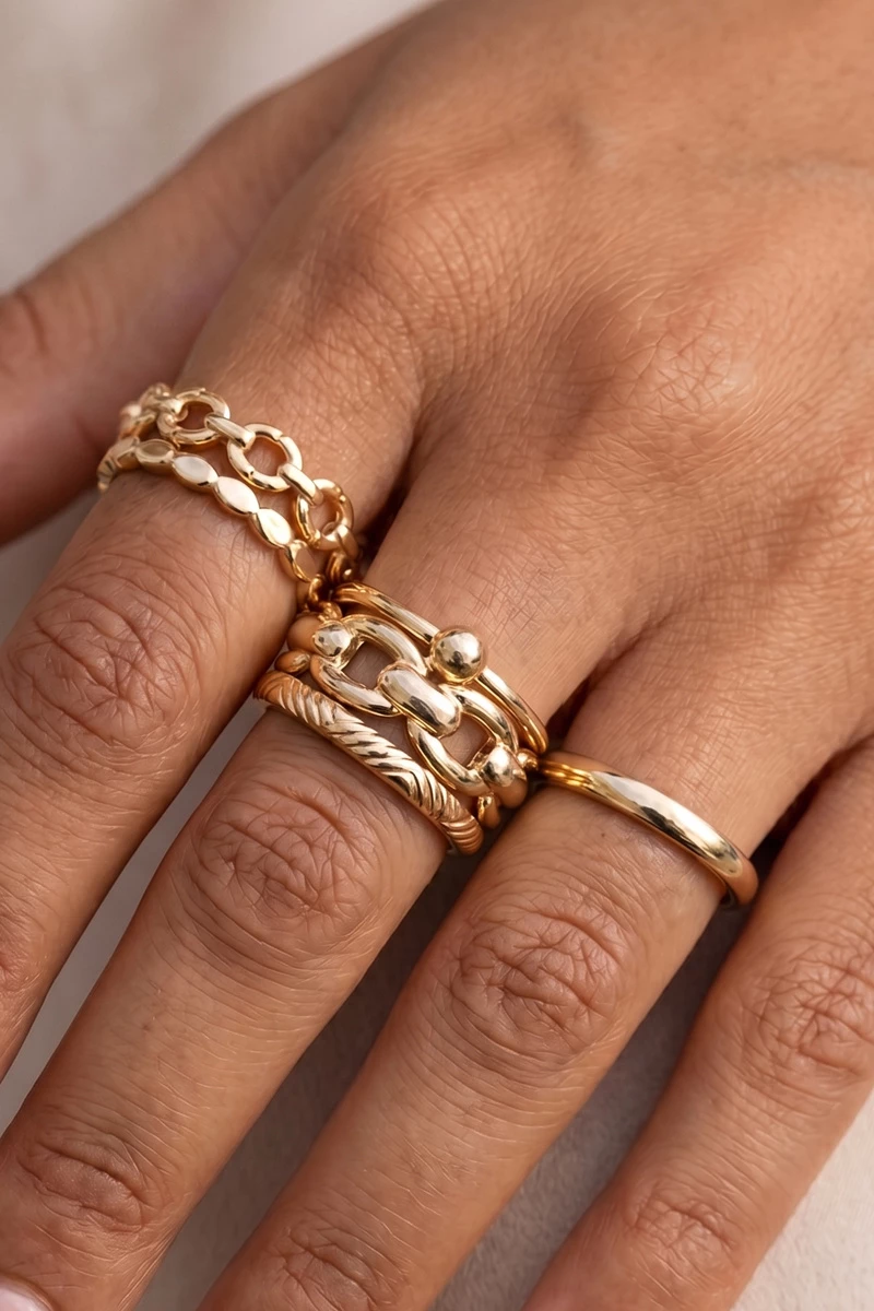 5 Piece Gold Chain And Band Ring Stack Set