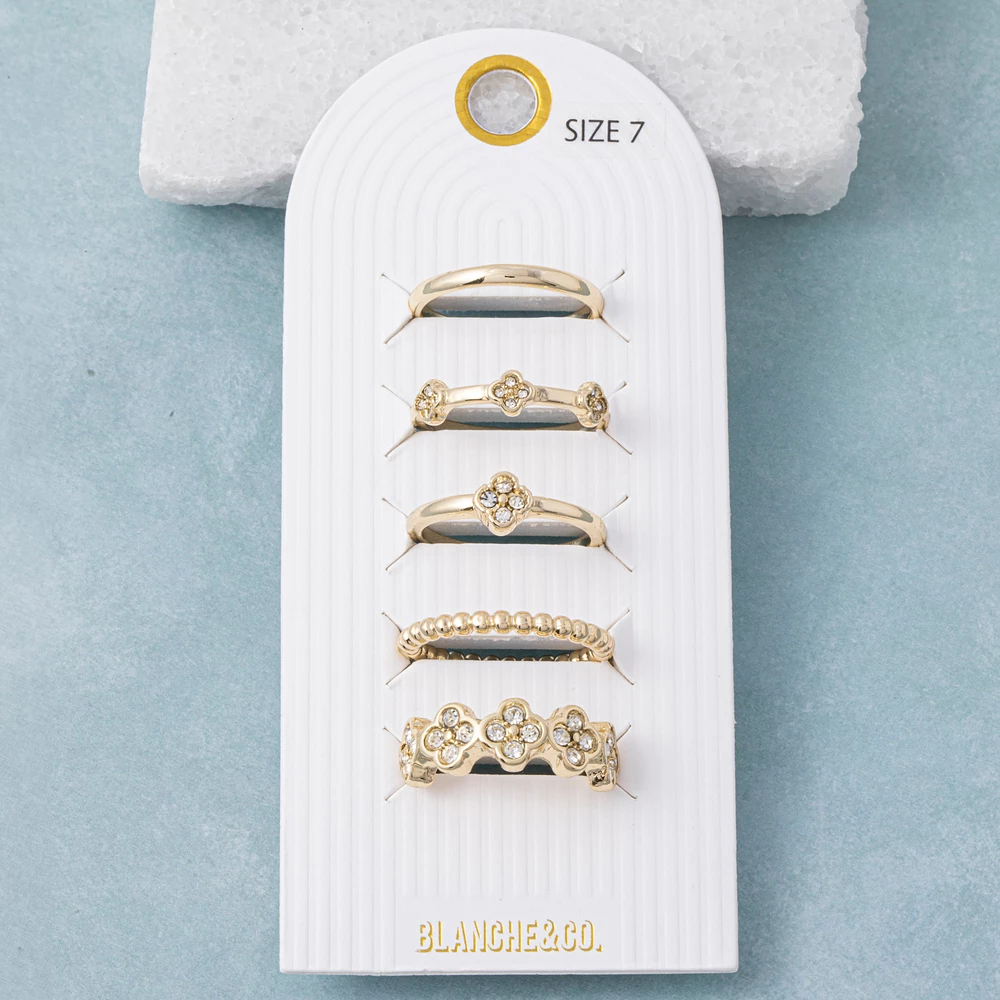 Cz Clover Station Stackable Five Piece Ring Set