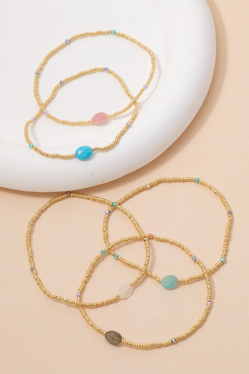 Faceted Stone Charm Mini Metallic Beaded Bracelet