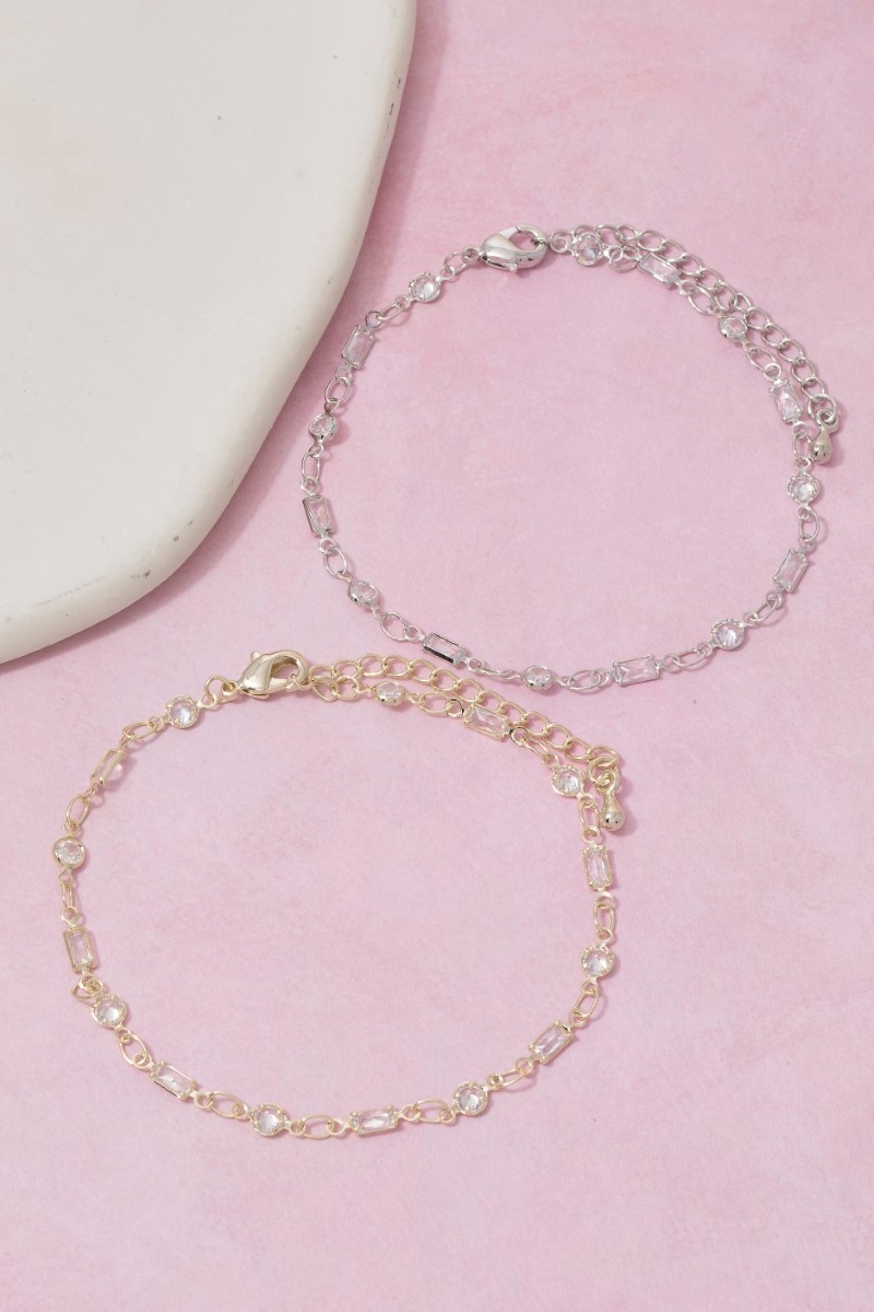 Mixed Round & Baguette Cz Station Chain Bracelet