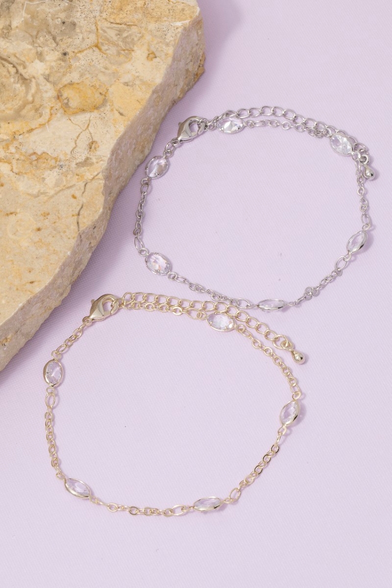 Oval Cz Bezel Station Chain Bracelet