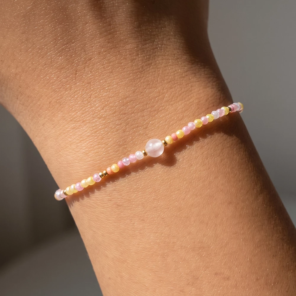 Pastel Cz Bead Stretch Bracelet With Gemstone Disc