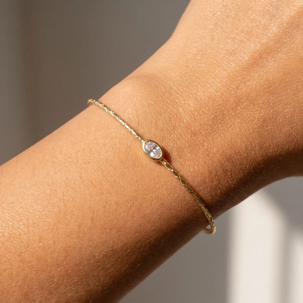 Textured Open Cuff Bracelet With Oval Cz Bezel