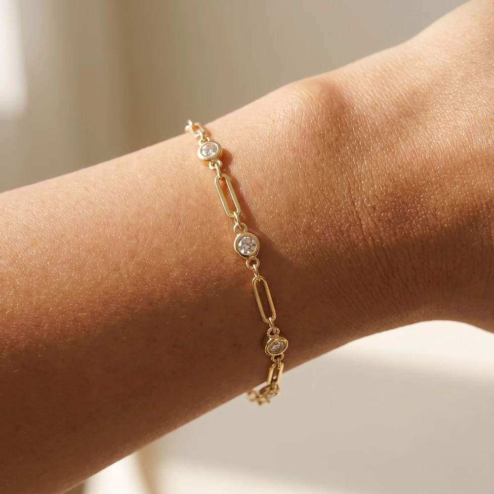 Bar Link Bracelet With Round Cz Stations
