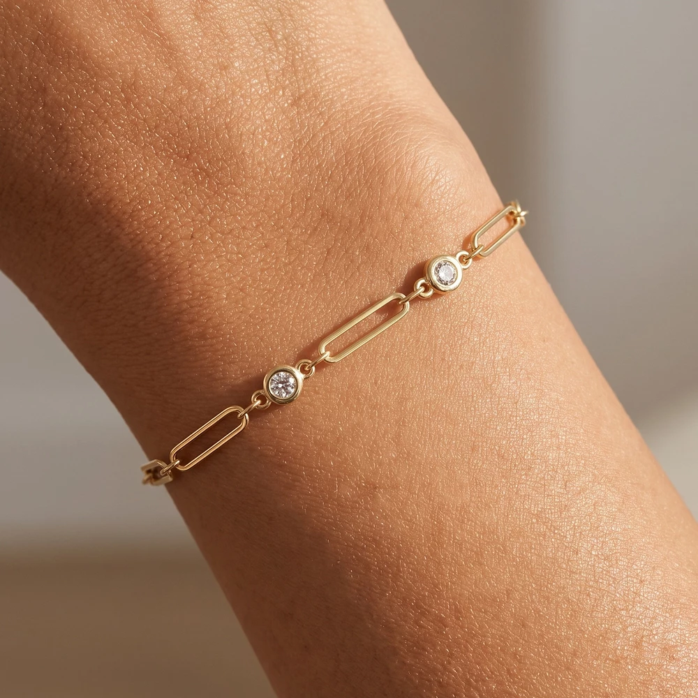 Paperclip Bar Bracelet With Bezel Cz Stations