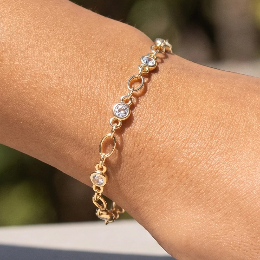 Oval Link Station Bracelet With Bezel Cz