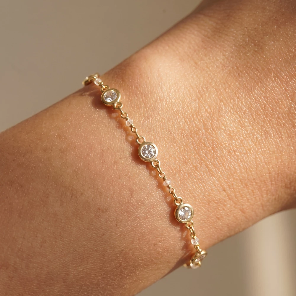 Beaded Station Chain Bracelet With Bezel Cz