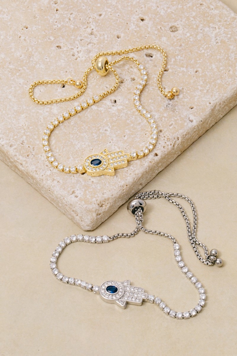 Gold Dipped Cz Hamsa Hand Tennis Chain Bracelet