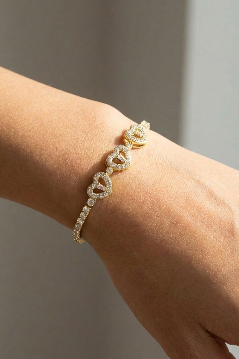 Gold Dipped Cz Multi Hearts Tennis Chain Bracelet