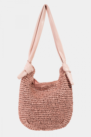 Leather Handle Straw Braided Tote Bag