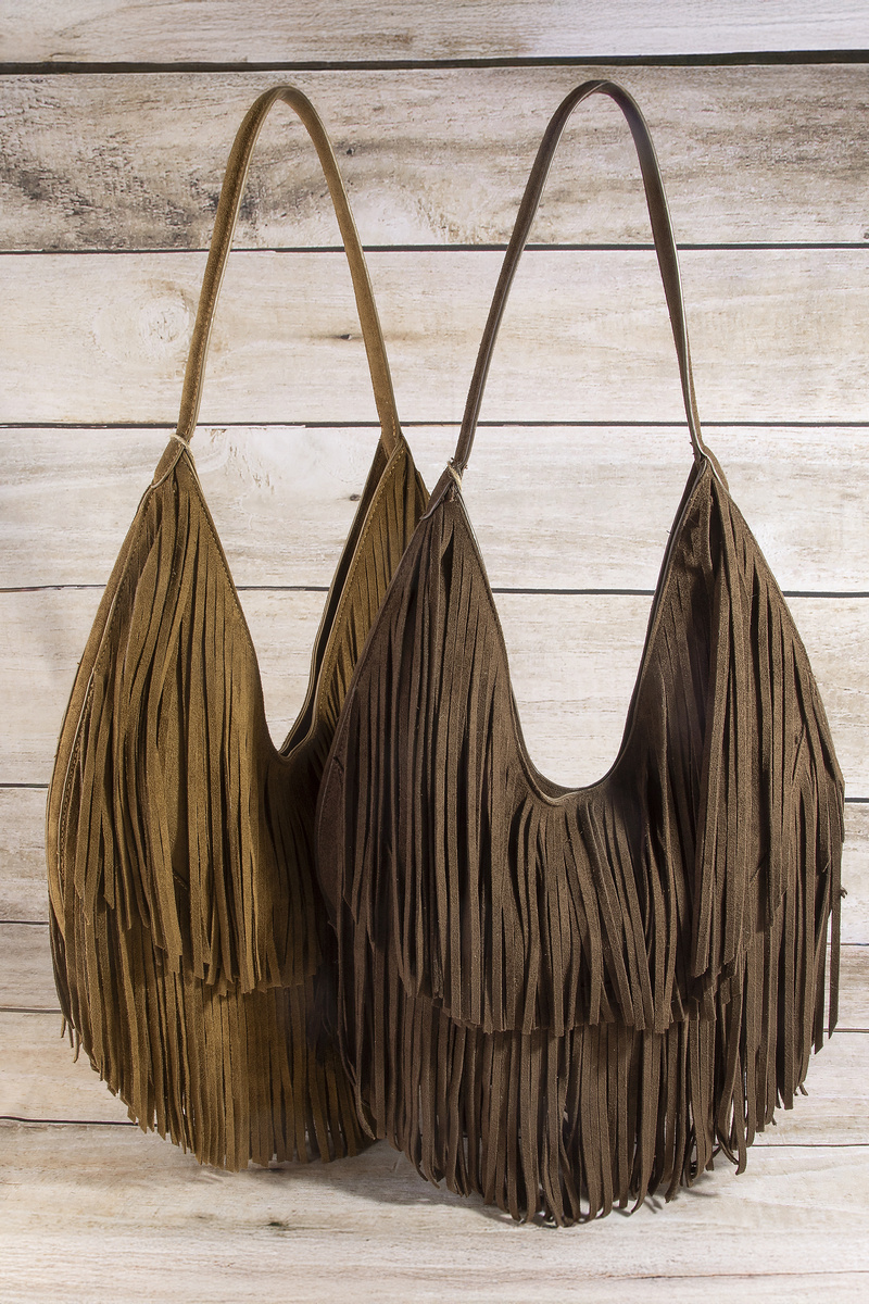 Vegan Leather Double Fringe Hobo Handbag