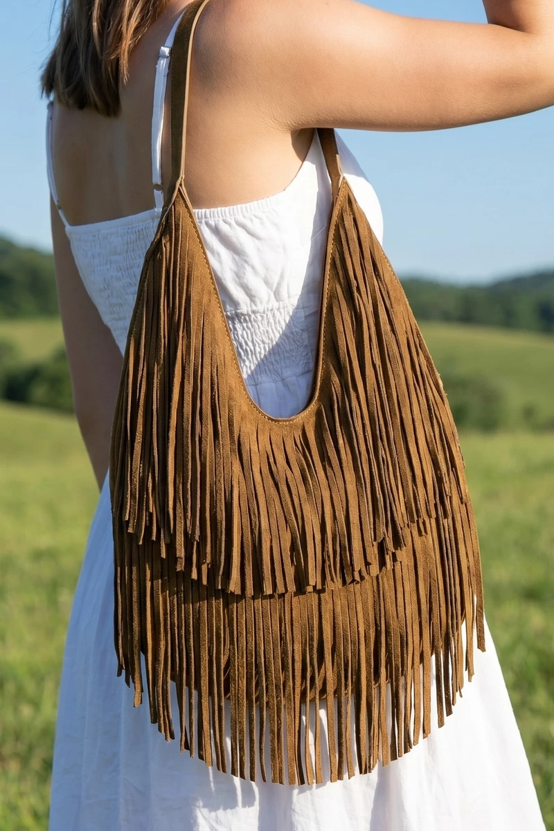 Chocolate Faux Leather Fringe Hobo Bag