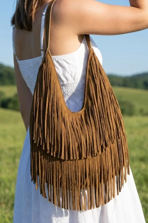 Chocolate Faux Leather Fringe Hobo Bag