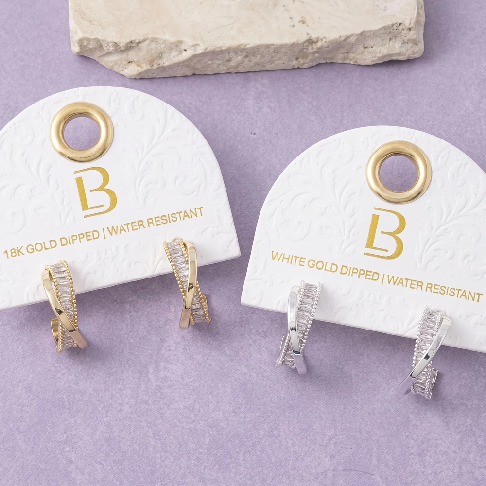 18K Gold Dipped Baguette Cz Crossover Hoop Earrings