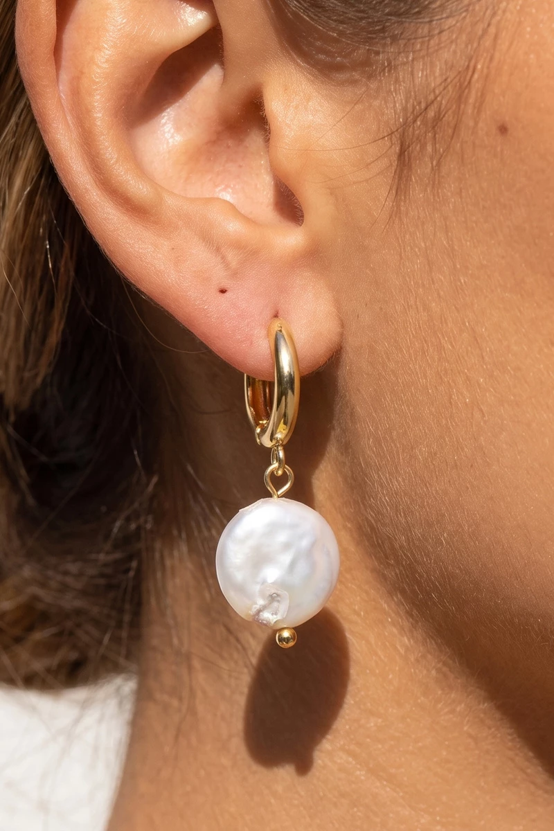 18K Gold Dipped Coin Pearl Huggie Drop Earrings