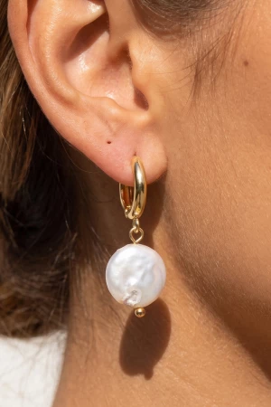 18K Gold Dipped Coin Pearl Huggie Drop Earrings