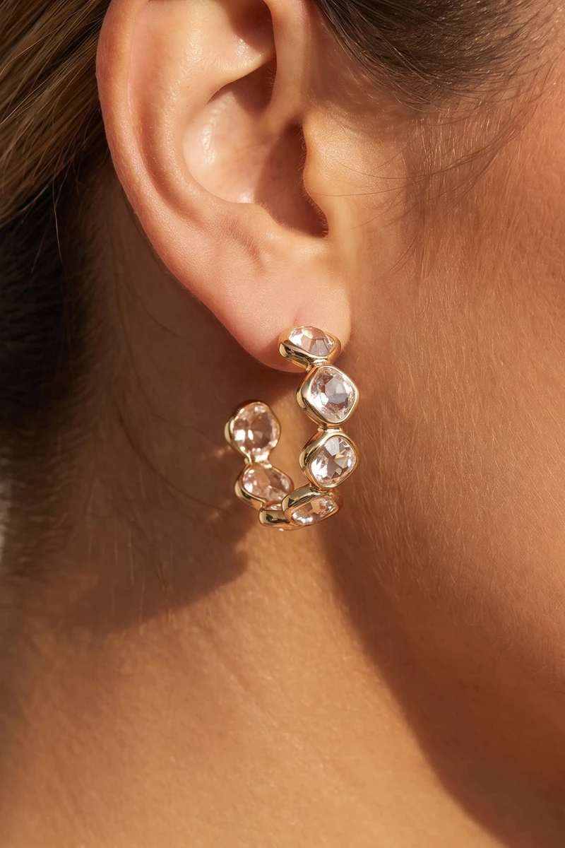 Gold Dipped Crystal Glass Bar And Hoop Earrings