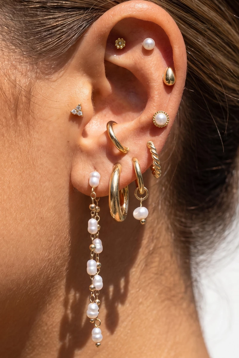 18K Gold Dipped Pearl Stud And Hoop Earrings Set