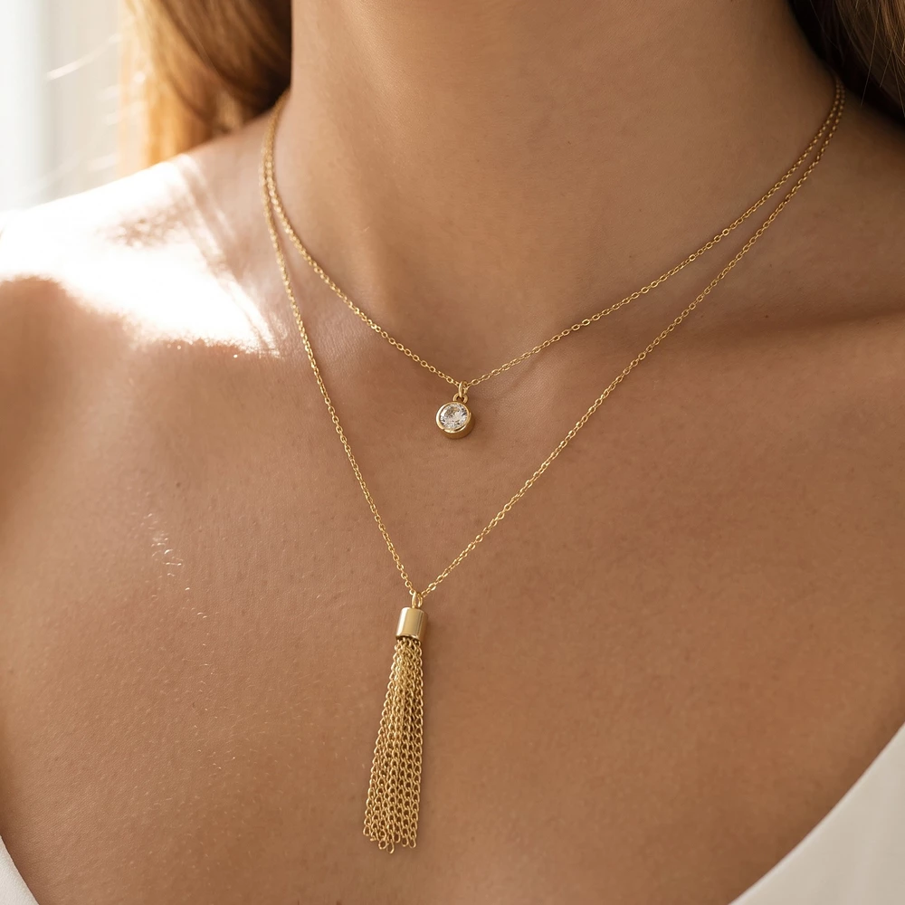 18K Gold Dipped Cz Halo Chain Tassel Layered Necklace
