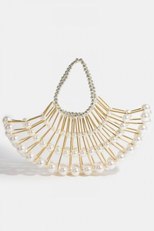 Pearl And Metallic Tube Crescent Hand Bag