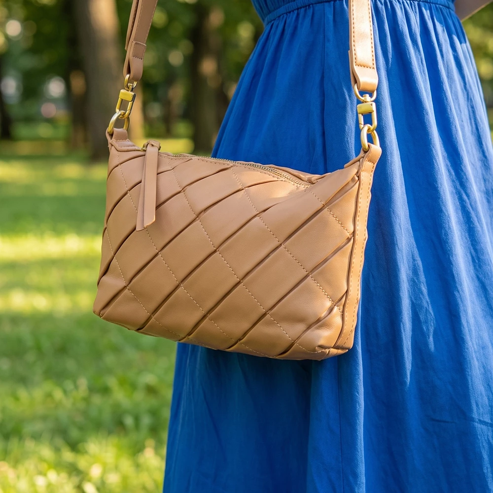 Woven Vegan Leather Zip Top Crossbody Bag
