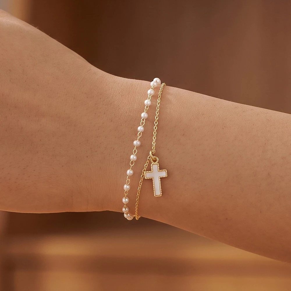 18K Gold Dipped Cross Charm Pearl Chain Bracelet Set