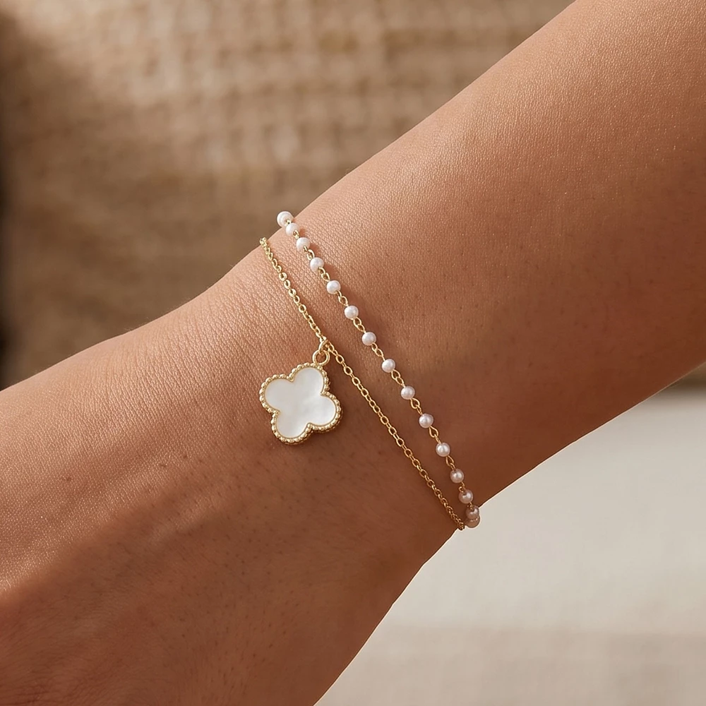 18K Gold Dipped Clover Charm Pearl Chain Bracelet Set