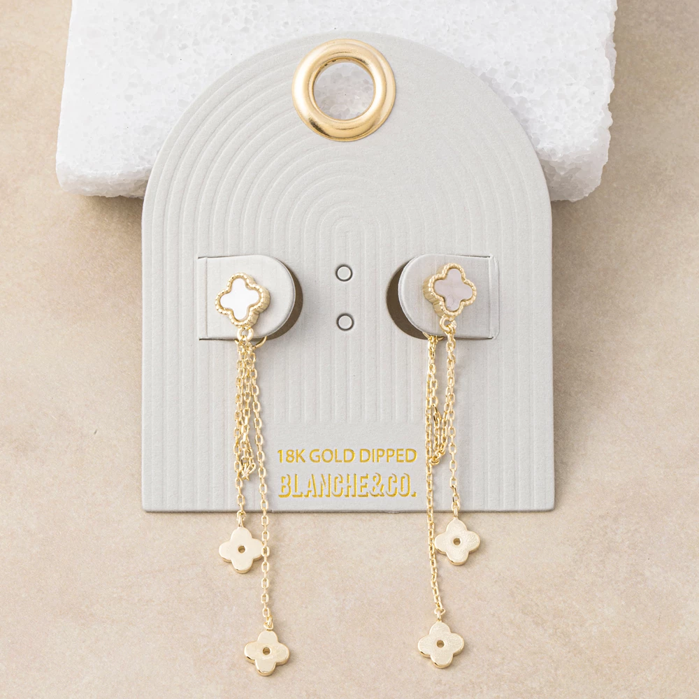 18K Gold Dipped Clover Stud Chain Drop Earrings