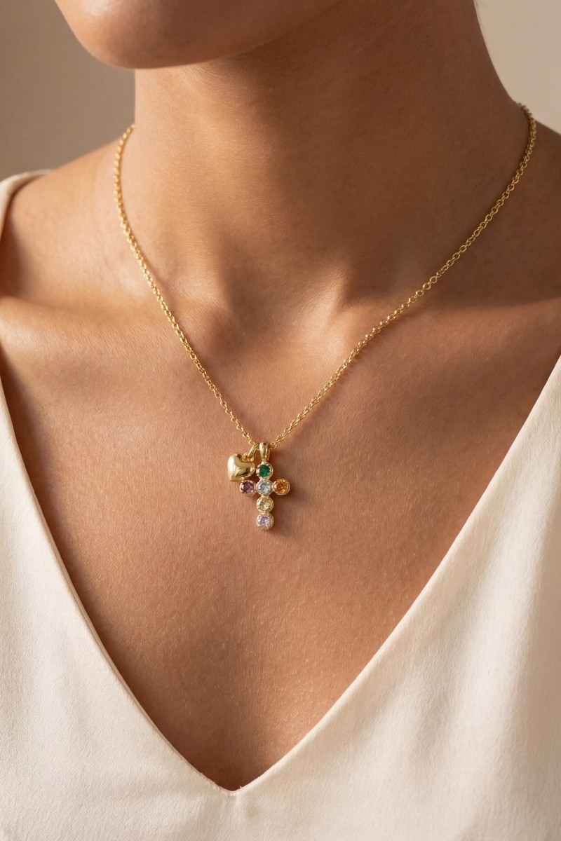 Gold Dipped Cz Cross And Heart Pendants Necklace