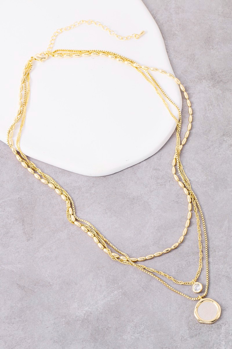 Three Layered Chain Cz Charm Necklace