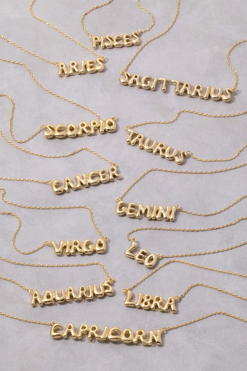 Gold Dipped Zodiac Bubble Letter Bar Necklace