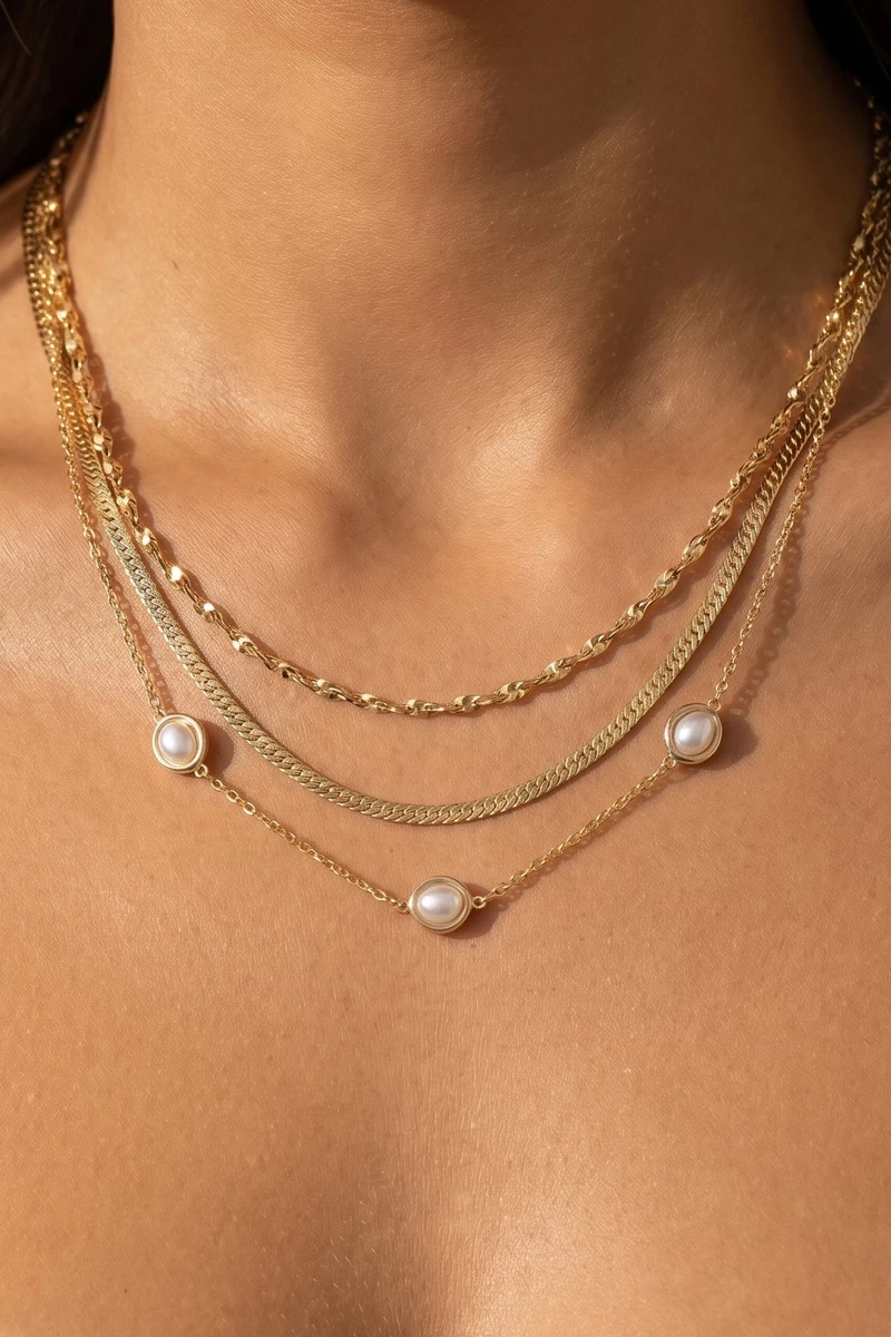 3 Strand Layered Pearl Station Chain Necklace