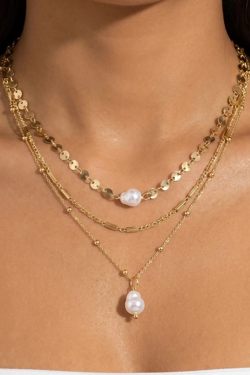 3 Strand Mixed Chain Baroque Pearl Drop Necklace