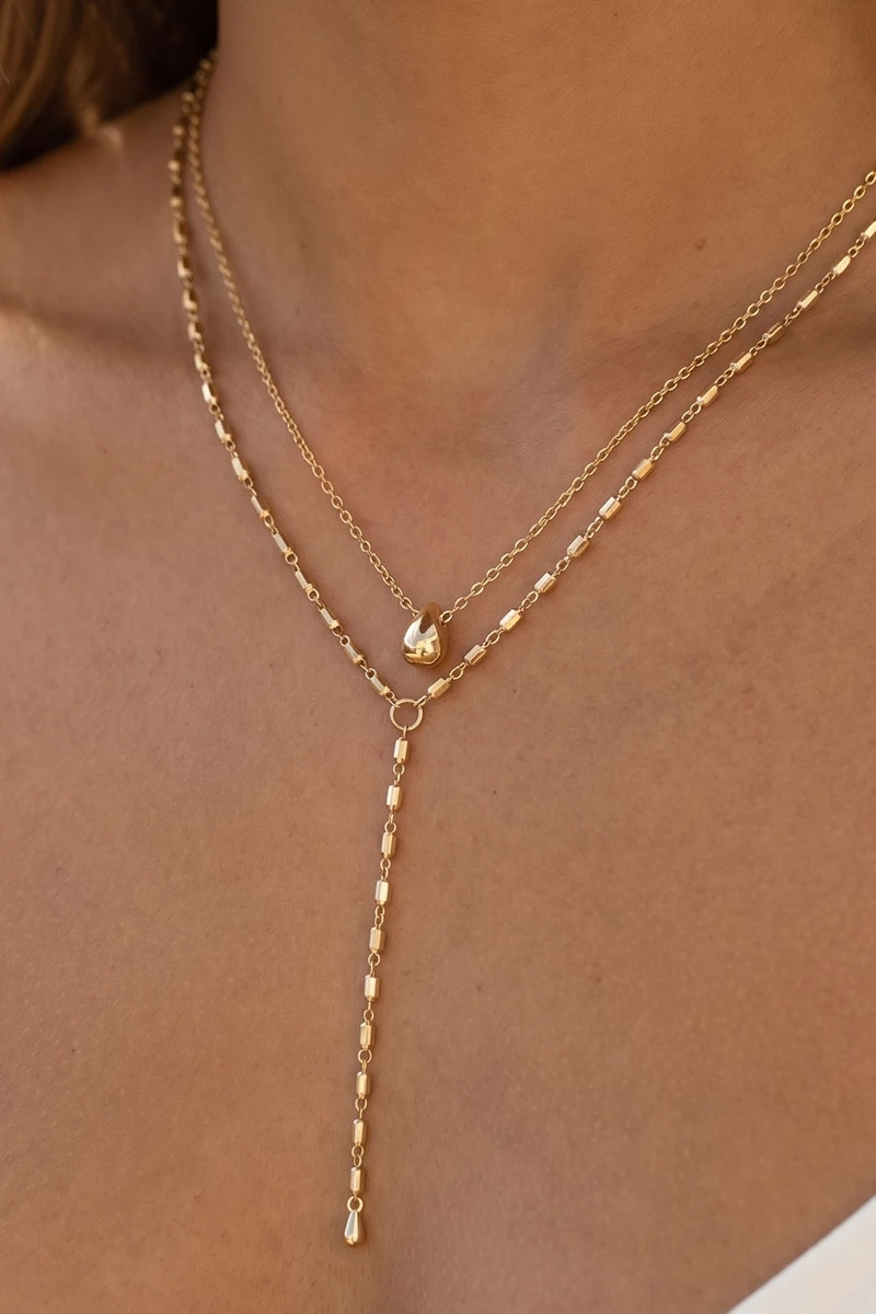 Layered Dual Chain Dome Pendant Lariat Necklace
