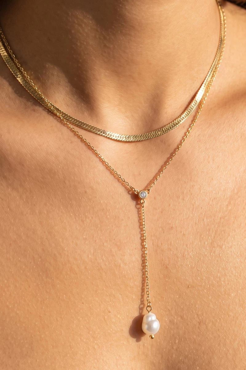 Layered Snake Chain Pearl Drop Y Necklace