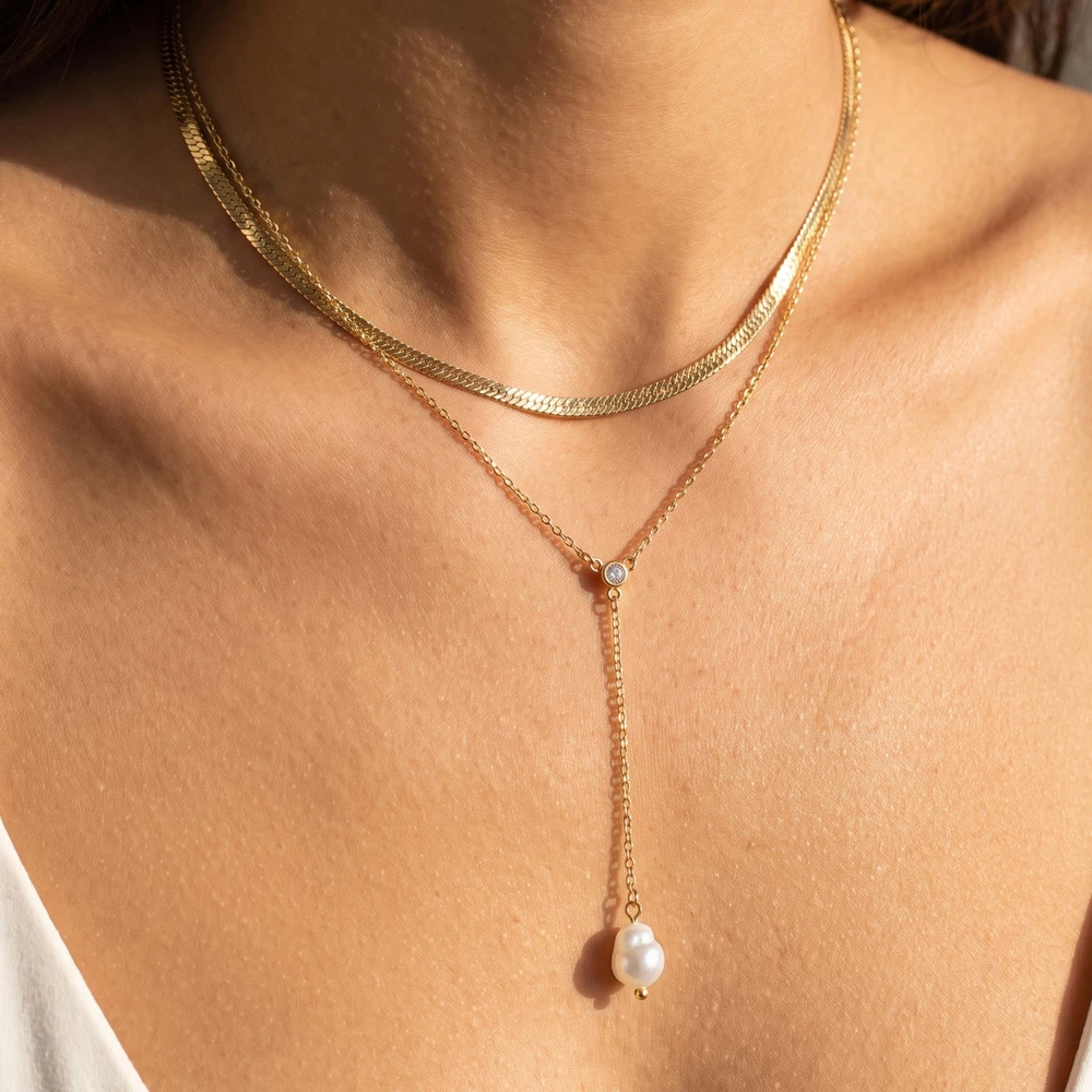 Layered Snake Chain Pearl Drop Y Necklace
