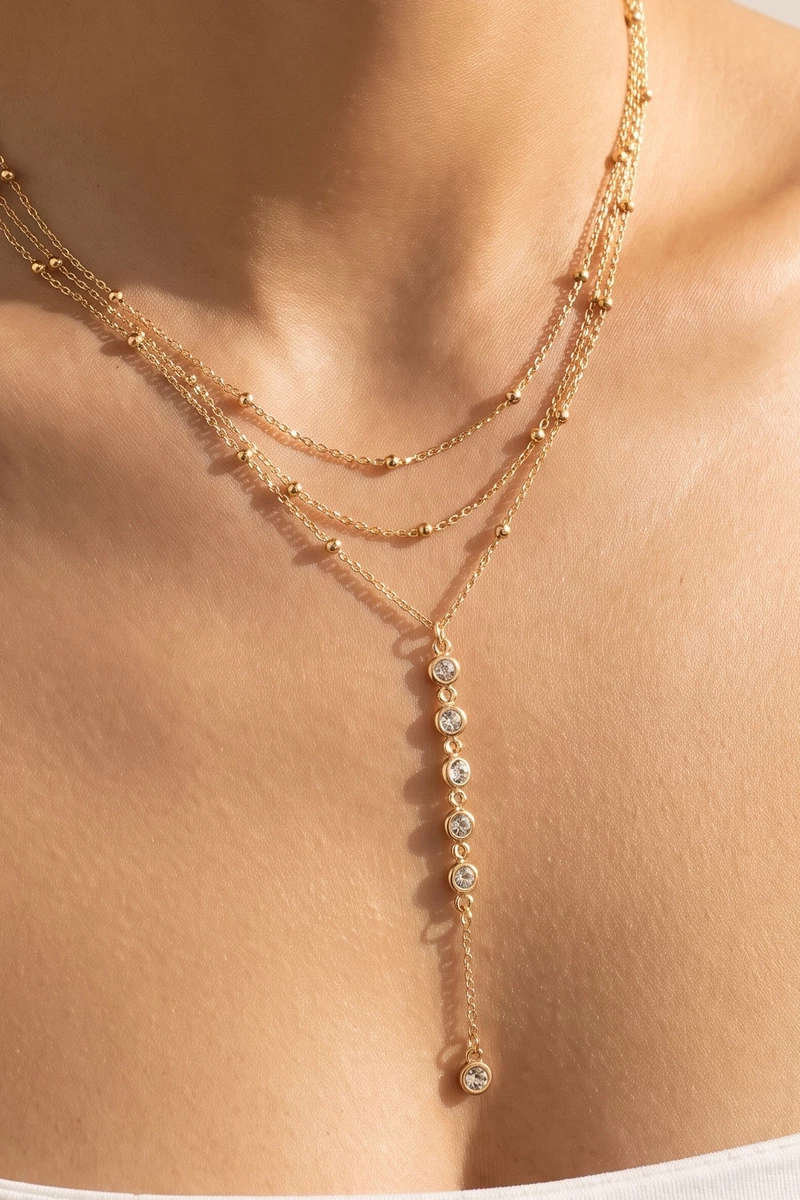 Dainty Layered Cz Station Lariat Necklace