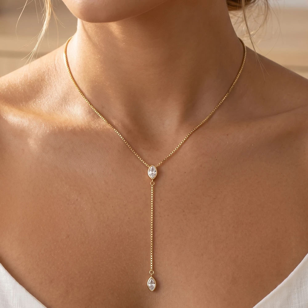 18K Gold Dipped Marquise Cz Box Chain Y Necklace