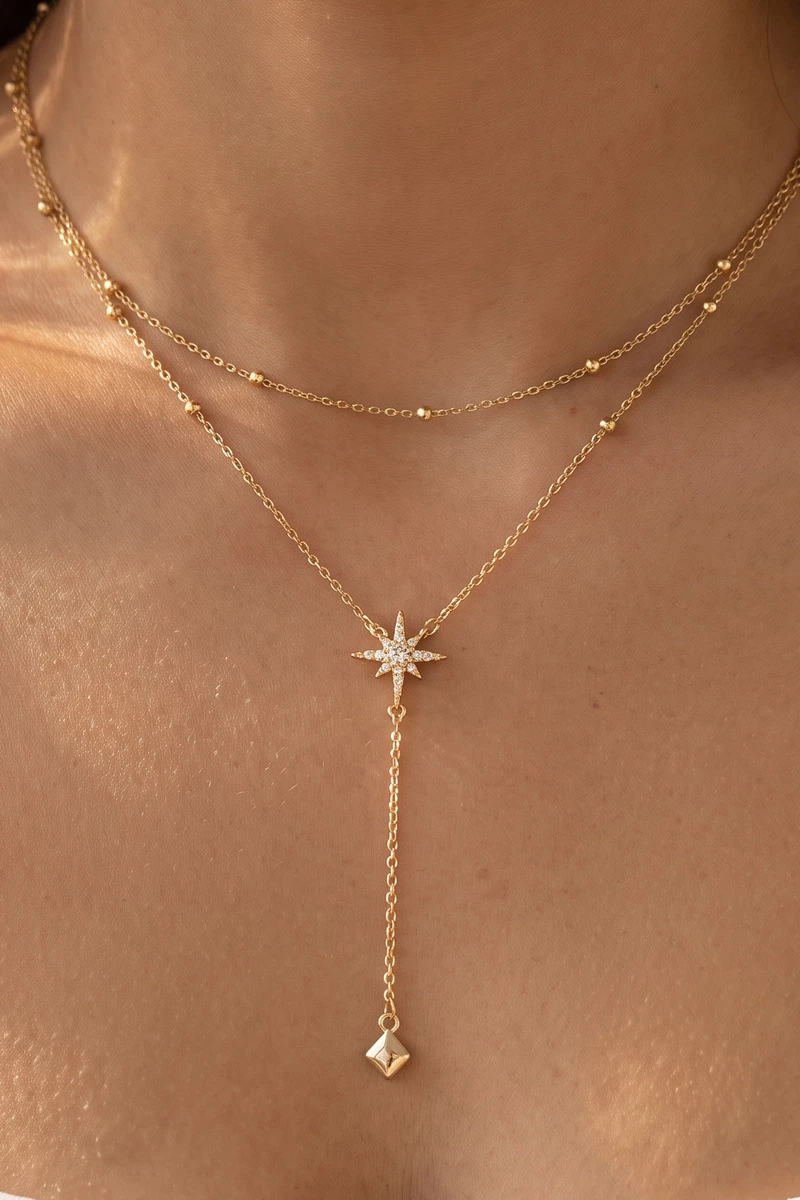 Layered Pave Star Station Chain Y Necklace