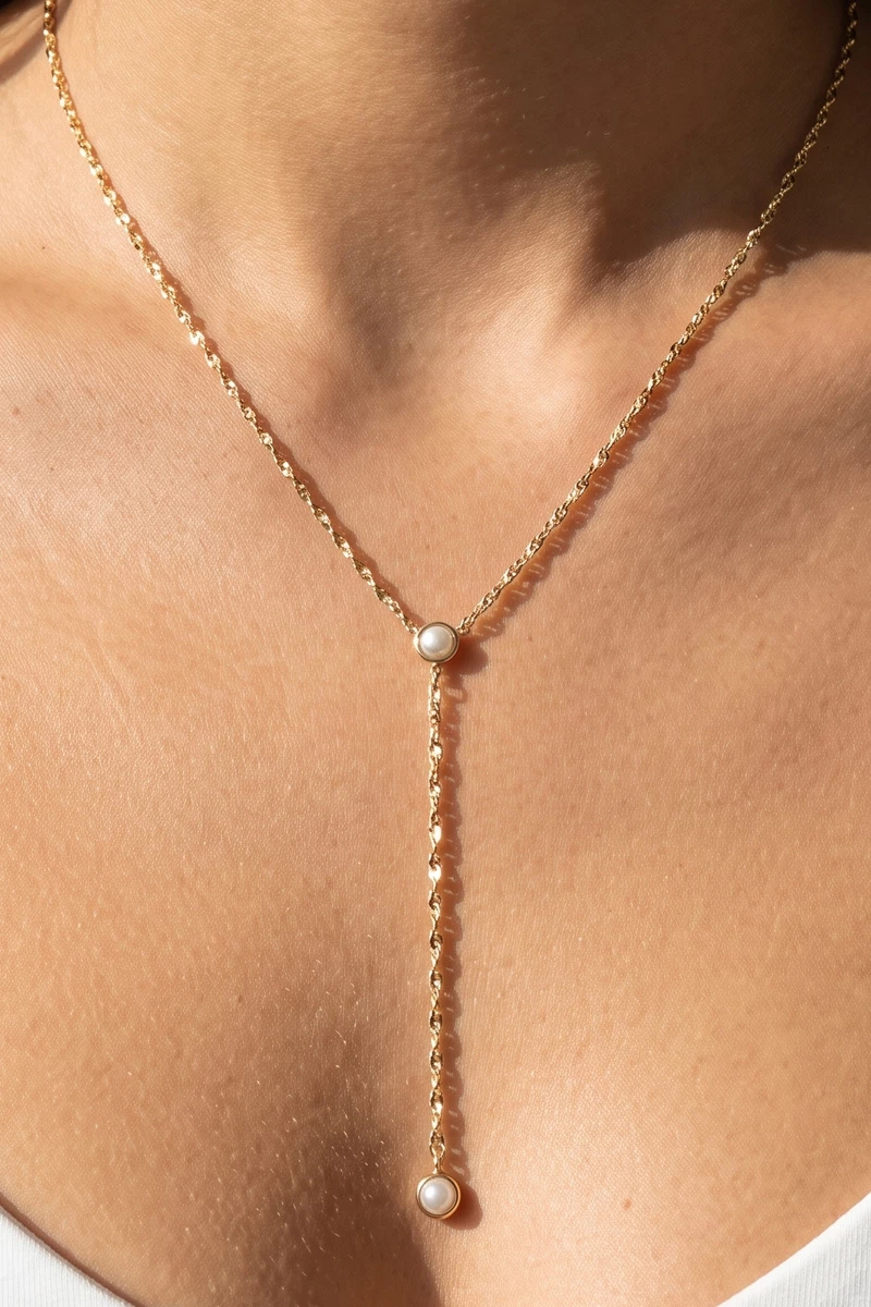Mirror Chain Pearl Bezel Drop Y Necklace