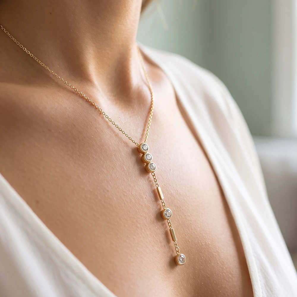 18K Gold Dipped Triple Bezel Cz Bar Drop Y Necklace