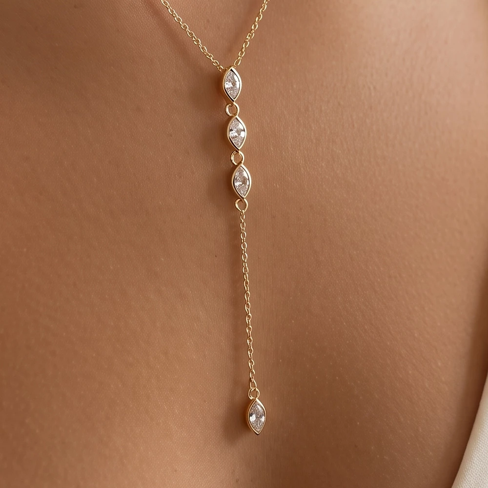 18K Gold Dipped Bezel Marquise Cz Linear Y Necklace
