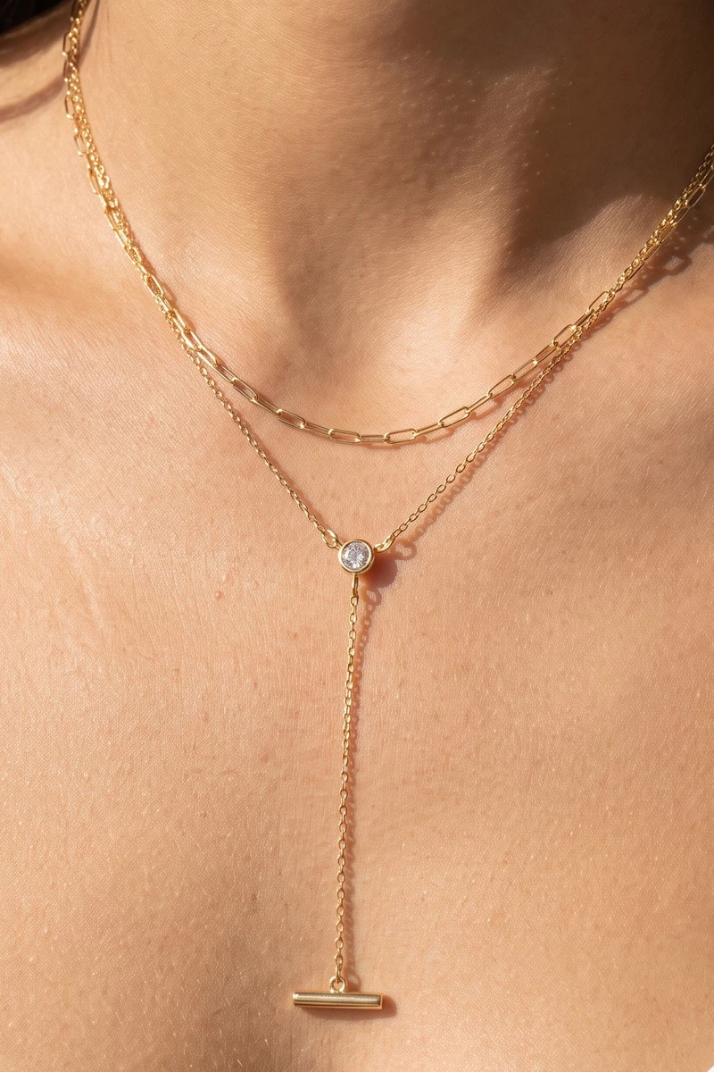 Layered Paperclip Chain Bar Drop Y Necklace