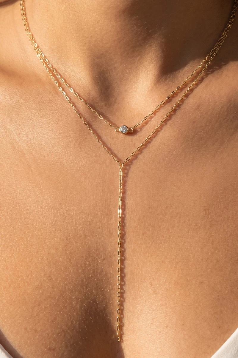 Layered Mirror Chain Bezel Cz Y Necklace