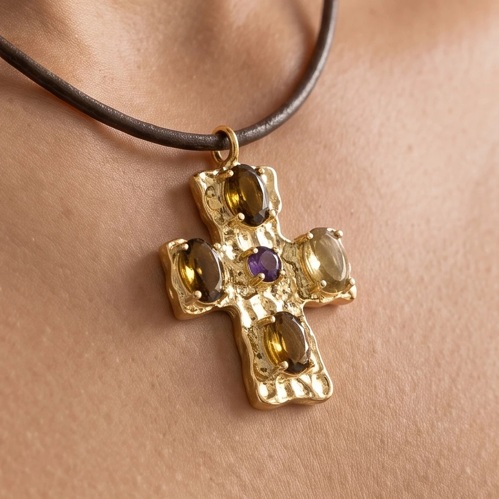 18K Gold Dipped Hammered Cz Cross Pendant Cord Necklace
