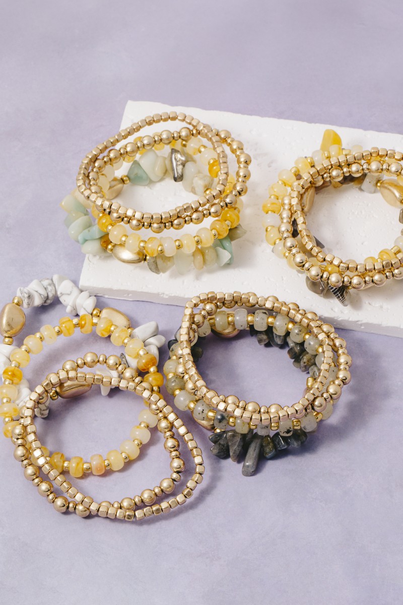 Metallic And Chip Stone Mixed Beaded Bracelet Set
