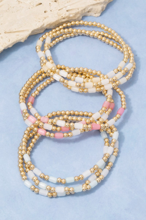 Tube & Gold Ball Beaded Stretch Bracelet Set